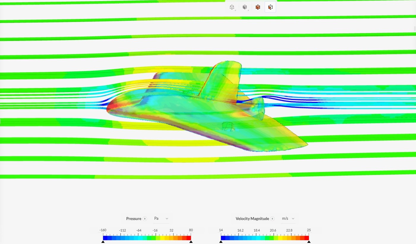 RANS streamlines over the generated flying wing, surface coloured by pressure at 20 m/s