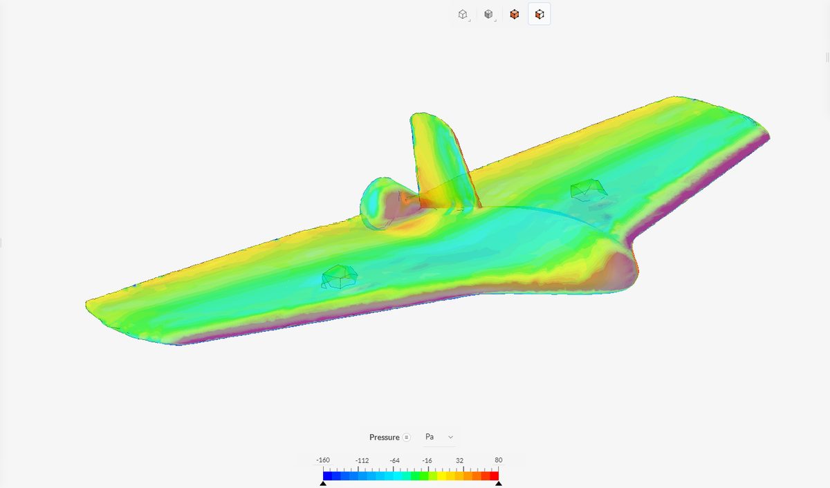 Surface pressure on the generated flying wing, planform view, pinned to a -160 to +80 Pa scale
