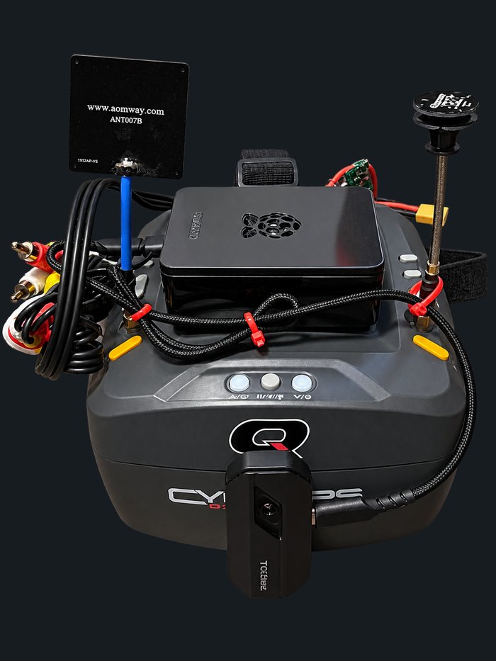 Front view of the finished headset with the Pi and TC001 mounted on the goggles