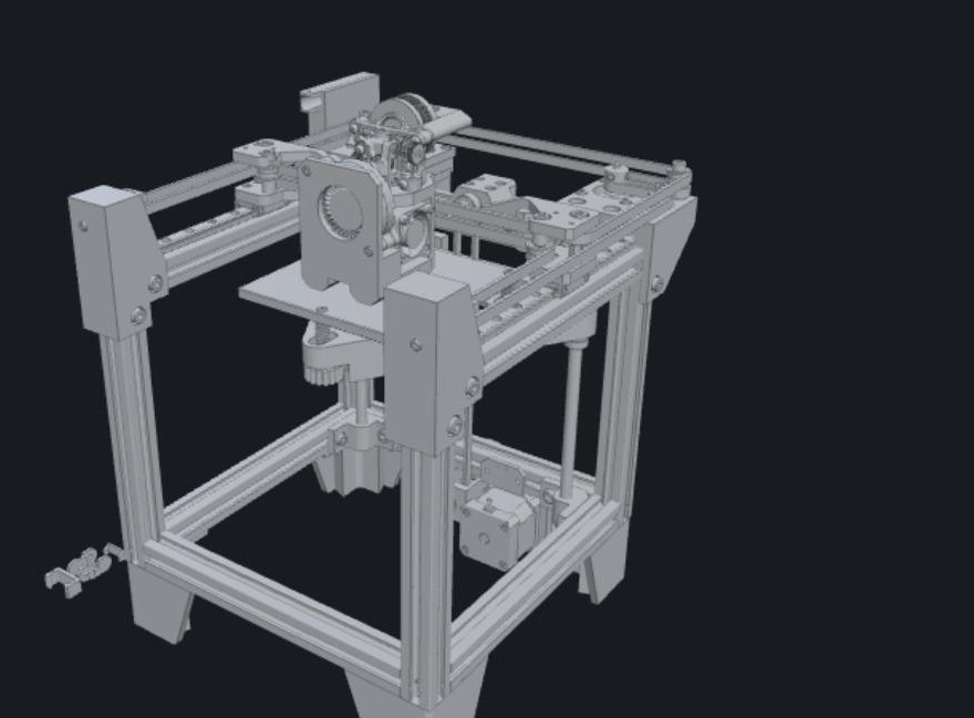 Shaded render of the full printer CAD assembly, exported from the STEP model