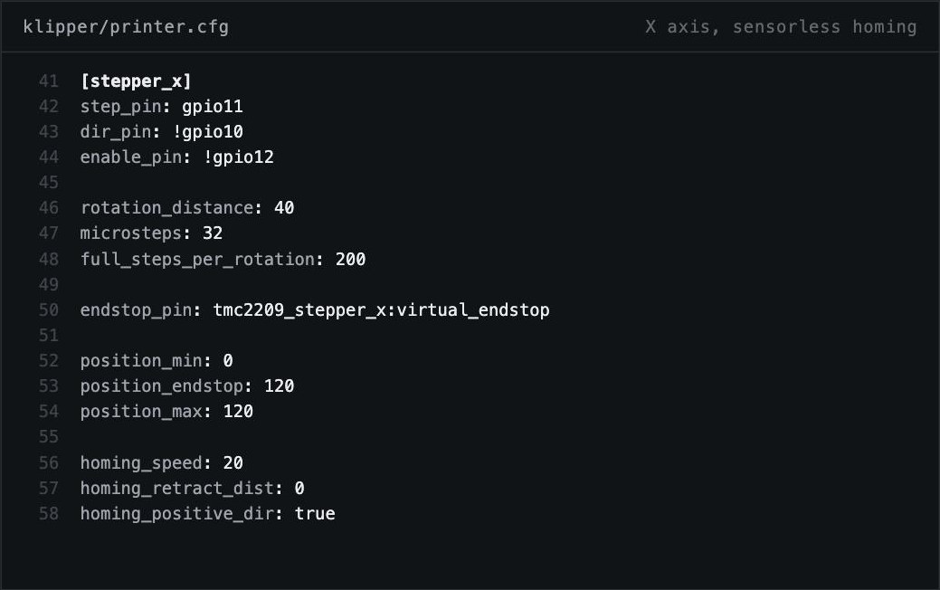 Excerpt of printer.cfg: the X stepper and its TMC2209 sensorless-homing settings